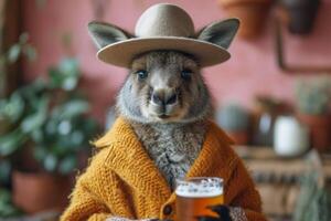 AI generated A hare in formal clothes with a glass of foamy beer at a table in the interior. 3d illustration photo