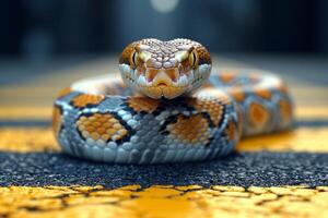 AI generated A snake crawls across a pedestrian crossing on the street photo