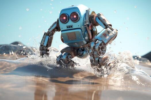 AI generated A ROBOT from the future walks on water. Robotization photo