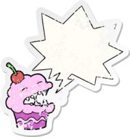 cupcake de desenho animado engraçado e adesivo angustiado de bolha de fala png