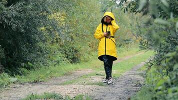 un hermosa mujer en un amarillo capa soportes en el bosque y mira a un móvil teléfono. viaje aventuras turismo concepto. video