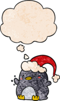 pingüino de dibujos animados con sombrero de navidad y burbuja de pensamiento en estilo de patrón de textura grunge png