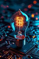 AI generated An ordinary incandescent light bulb stands on a chip and burns at night photo