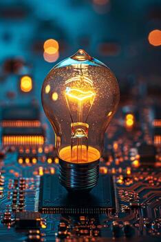 AI generated An ordinary incandescent light bulb stands on a chip and burns at night photo