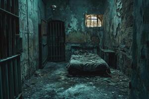 AI generated An old abandoned prison. A room with bars photo