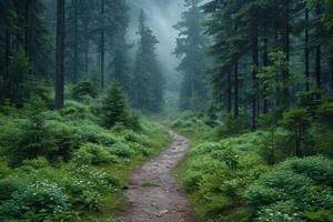 ai generado un callejón en el bosque , un árbol - forrado sendero mediante el parque en verano foto