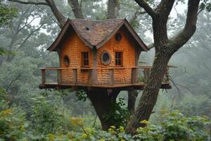 ai generado linda pequeño árbol casa para niños en el bosque foto