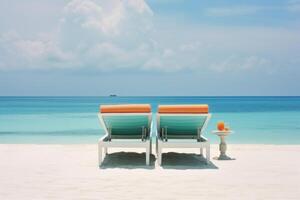 AI generated There are two empty deck chairs on the shore of the turquoise ocean. Relax by the sea photo