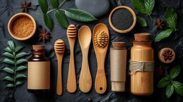 AI generated eco-friendly disposable tableware made of paper and wood with spices on a black background. the concept of recycling photo
