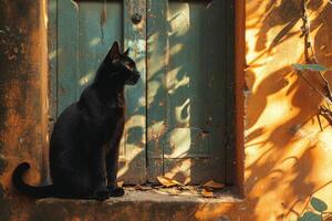 AI generated There was a cute black cat sitting near the door, guarding the entrance photo