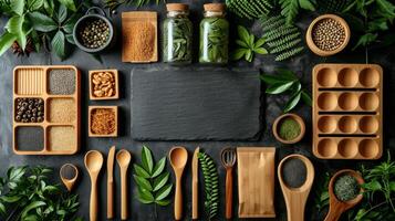 AI generated eco-friendly disposable tableware made of paper and wood with spices on a black background. the concept of recycling photo