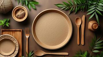 AI generated eco-friendly disposable tableware made of paper and wood on the background. the concept of recycling photo