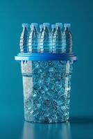 AI generated Lots of plastic bottles in a bucket on a blue background photo