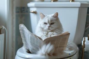 AI generated A domestic cat is sitting on the toilet and reading a newspaper photo