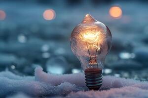 AI generated An ordinary incandescent light bulb stands outside in winter and burns photo