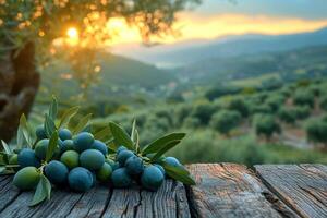 AI generated still life with blue olives on a table in an olive grove photo