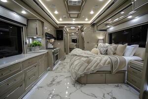 AI generated Luxurious interior inside the motorhome. The concept of a comfortable journey photo