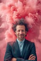 AI generated A cheerful smiling man in a formal suit in pink smoke. The man in pink powder photo