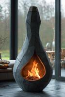 AI generated Modern designer black cast iron fireplace in a country house with a burning fire photo