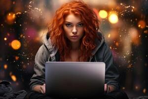 AI generated A young red-haired girl in warm clothes, working with her laptop while sitting on a bench in the evening city photo