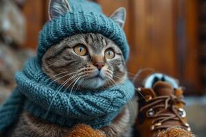 ai generado un gato en un invierno sombrero y bufanda en el calle durante el día en invierno foto