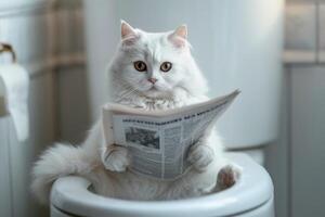 AI generated A domestic cat is sitting on the toilet and reading a newspaper photo