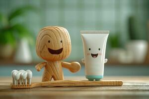 AI generated Funny cartoon smiling figures. A set of organic oral care products with emoticons . The concept of environmental hygiene photo