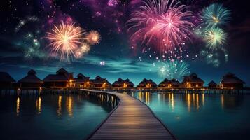 ai generado hermosa noche fuegos artificiales terminado el Maldivas. festivo fuegos artificiales terminado el noche costa de el isla foto