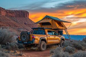 AI generated An SUV with a tent on the roof in the wild. Traveling by car photo