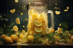 AI generated Lemons and splashes of lemon juice around the decanter photo