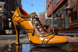 AI generated Creative high-heeled shoes on a city street. 3d illustration photo