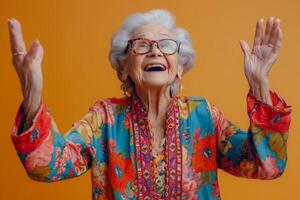 AI generated A happy and playful elderly woman in colored clothes on a yellow background photo