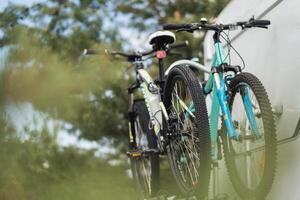 Bicycles are mounted on the motorhome. The concept of travel photo