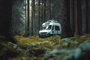 AI generated Camping in the forest of the motorhome . Holidays in a camper van photo