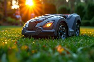 AI generated A robotic lawn mower stands on the lawn near the house at sunset photo