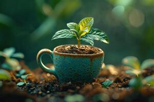 AI generated A green young plant in a flower pot, germinating seeds in a glass photo