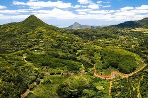 Bird's-eye view of the mountains and fields of the island of Mauritius.Landscapes Of Mauritius. photo