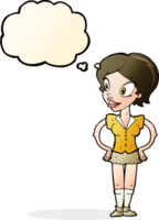 cartoon happy woman in short skirt with thought bubble png