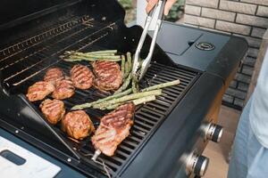 Cocinando carne y vegetales en un al aire libre parrilla foto