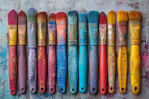 AI generated Artistic brushes smeared in paint on a background covered with multicolored oil paints photo