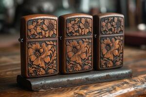 AI generated Three designer gasoline cigar lighters stand on a stand on the table photo
