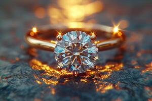 AI generated A gold diamond ring lies on the table - the epitome of luxury photo