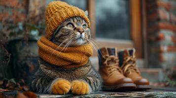 ai generado un gato en un invierno sombrero y bufanda en el tarde en invierno en el calle cerca el del propietario Zapatos foto