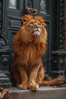 AI generated A big lion is sitting guarding the front door of the house photo