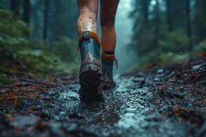 ai generado un hombre caminando mediante barro en el medio de el selva en lluvioso clima foto