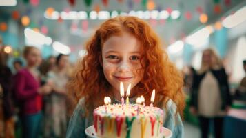 ai generado un pelirrojo joven niña será soplar fuera el velas en el cumpleaños pastel foto