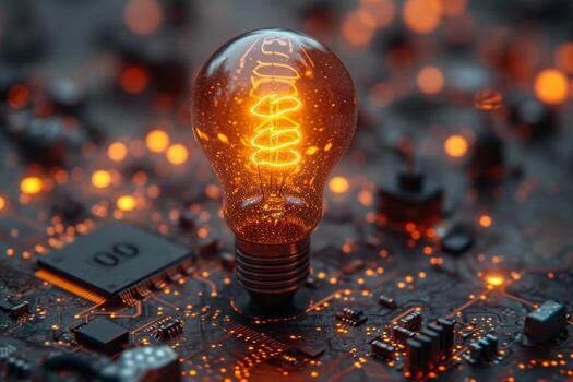 AI generated An ordinary incandescent light bulb stands on a chip and burns at night photo