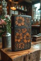 AI generated A vintage gasoline lighter for cigars stands on a stand on the table photo