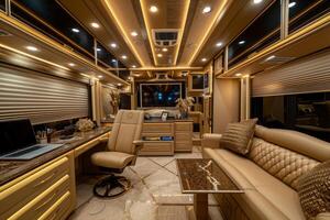 AI generated Luxurious interior inside the motorhome. The concept of a comfortable journey photo