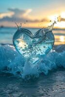 ai generado un corazón hecho de salpicaduras de agua en contra el antecedentes de el mar. el concepto de amor foto